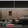 Modern Tea Room Interior Design With Long Wooden Table Seating Decorative Lamps And Green Plants