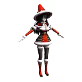 Woman in red and black Christmas costume with Santa hat and white fur trim