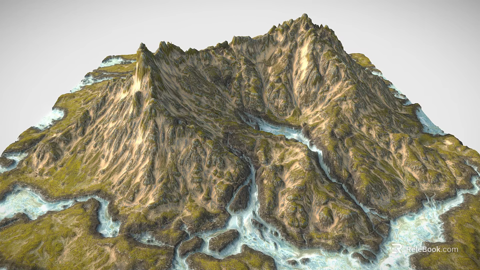 Scenic Mountain Landscape With Rocky Peaks Green Vegetation And Winding Streams 3d model 