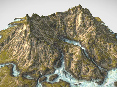 Scenic Mountain Landscape With Rocky Peaks Green Vegetation And Winding Streams 3d model