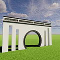White Garden Wall Featuring Arched Doorway Decorative Top Green Grass Blue Sky Background