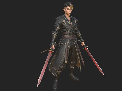 A Man In Black Robe With Golden Accents Holding Twin Swords Red Blades 3d model