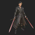 A Man In Black Robe With Golden Accents Holding Twin Swords Red Blades