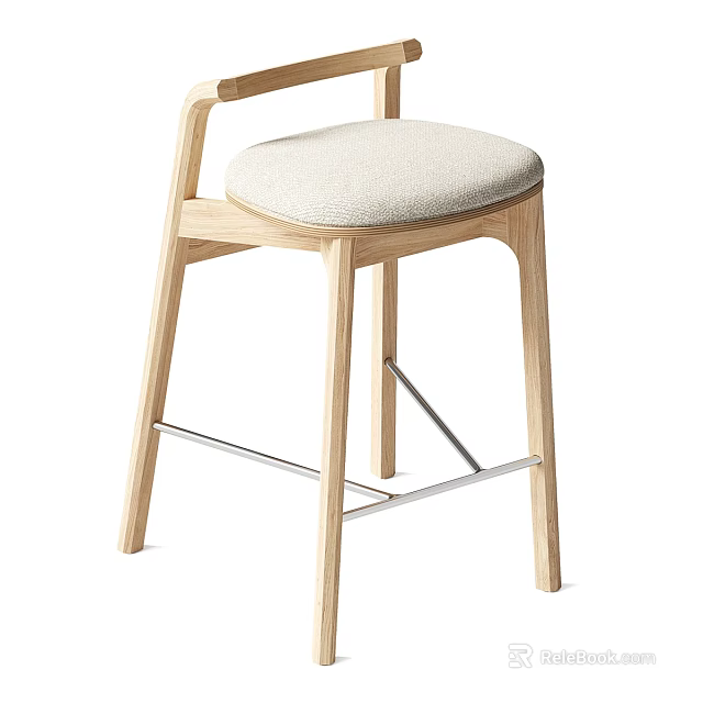 Light Padded Wooden Bar Stool with Metal Crossbar in Modern Minimalist Style 3d model 