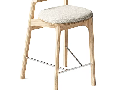 Light Padded Wooden Bar Stool with Metal Crossbar in Modern Minimalist Style 3d model