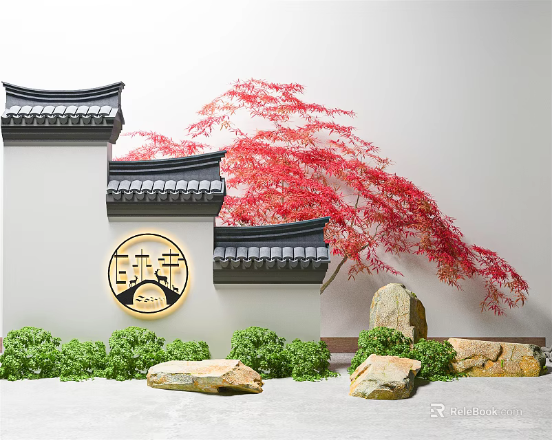 Chinese Style Scenic Wall With Circular Emblem Black Tiled Roof Red Maple Tree And Stones 3d model 