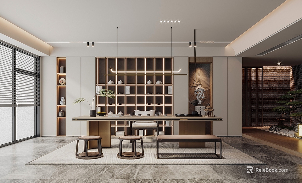 Modern Minimalist Tea Room Interior With Wooden Shelves Tea Table Stools And Pendant Lights 3d model 