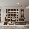 Modern Minimalist Tea Room Interior With Wooden Shelves Tea Table Stools And Pendant Lights