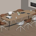 Contemporary Conference Room With Oval Wooden Table Brown White Rolling Chairs Laptop And Vase