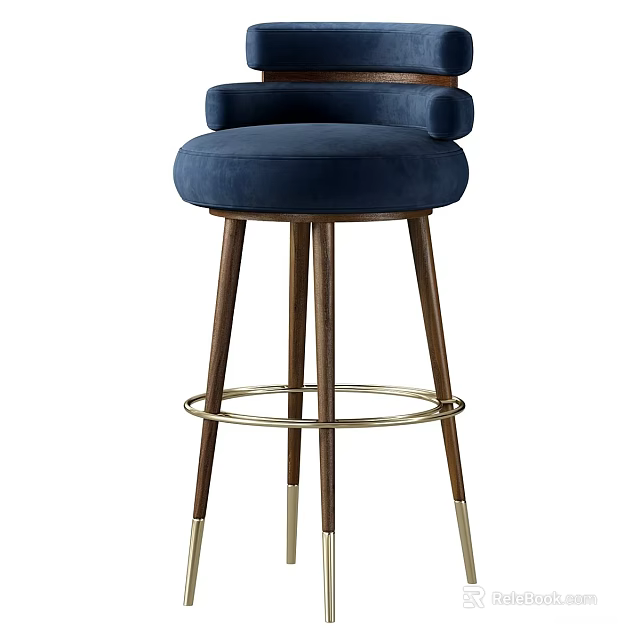 Navy Blue Velvet Bar Stool With Armrest Walnut Wood Legs And Metal Footrest 3d model 