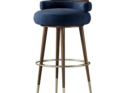 Navy Blue Velvet Bar Stool With Armrest Walnut Wood Legs And Metal Footrest 3d model