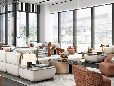Modern Hotel Public Lounge Area With White Sofas Brown Armchairs And City View Windows 3d model