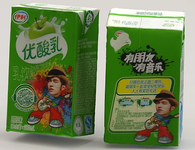 Yili Original Flavor Yogurt Drink With Green Packaging And Cartoon Character 3d model