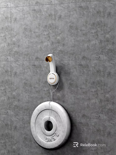 Modern Bathroom Cabinet Rack with White Showerhead Golden Outlet and Round Shelf on Gray Tiled Wall 3d model 