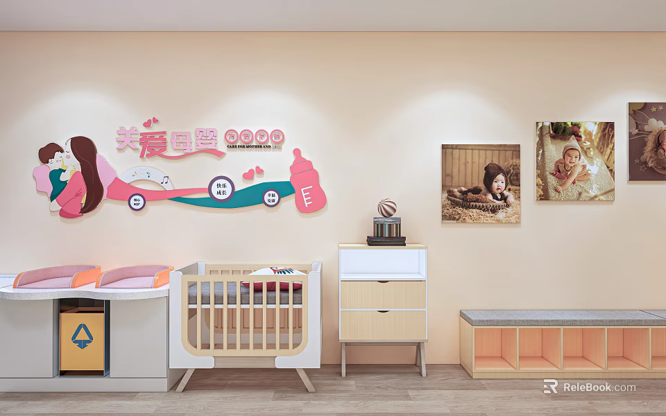 Wooden Children's Bed In Nursery Room With Soft Wall Decor Dresser And 3d model 