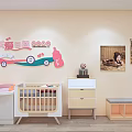 Wooden Children's Bed In Nursery Room With Soft Wall Decor Dresser And