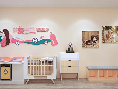 Wooden Children's Bed In Nursery Room With Soft Wall Decor Dresser And 3d model