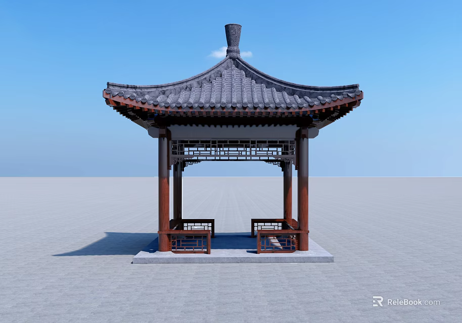 Traditional Chinese Pavilion With Tiled Roof Wooden Structure And Bench Seats 3d model 