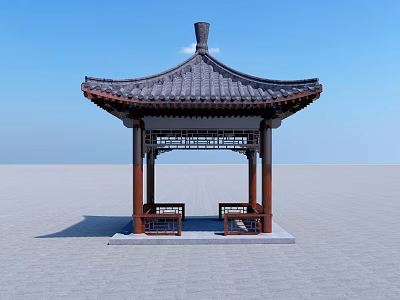 Traditional Chinese Pavilion With Tiled Roof Wooden Structure And Bench Seats 3d model
