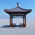 Traditional Chinese Pavilion With Tiled Roof Wooden Structure And Bench Seats