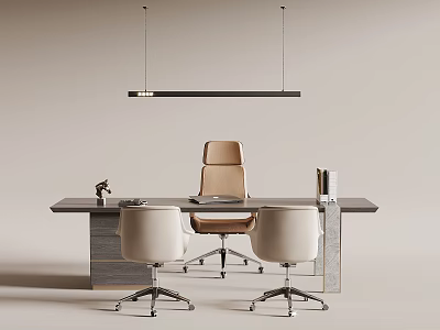 Modern Office Desk Setup With Comfortable Chairs Hanging Light And Minimal Accessories 3d model