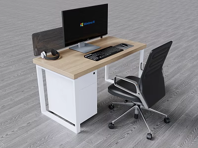 Office Desk Featuring Wooden Desktop White Cabinet Monitor Keyboard Mouse Headphones and Black Office Chair 3d model