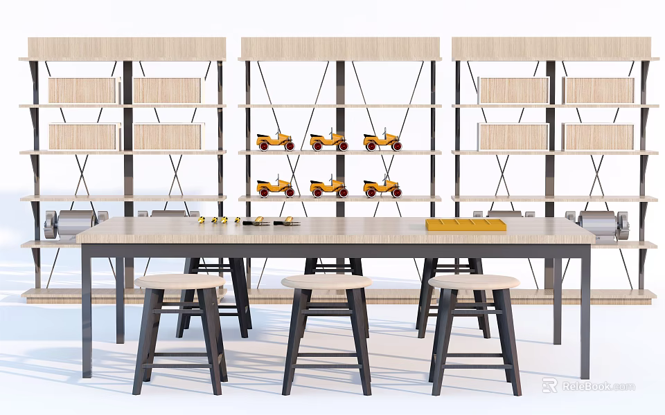 Modern Wooden Dining Table With Metal Frame Stools And Shelving Unit With Yellow Decor 3d model 