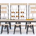 Modern Wooden Dining Table With Metal Frame Stools And Shelving Unit With Yellow Decor