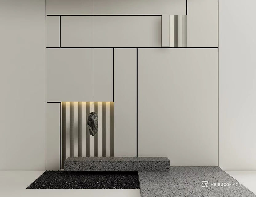Elegant Modern Accent Wall With White Surface Black Lines Decorative Stone And Gray Floor 3d model