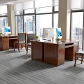 Modern Office Interior With Wooden Bookshelves Desk Sofa Coffee Table And Large Windows