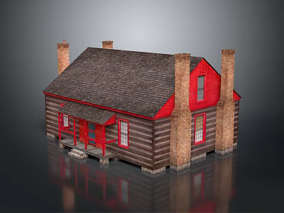 Cartoon Log Cabin Scene With Red Door And Windows Dark Brown Roof And Brick Chimneys 3d model