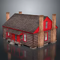 Cartoon Log Cabin Scene With Red Door And Windows Dark Brown Roof And Brick Chimneys