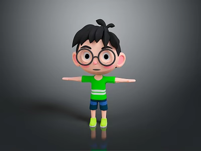 Cartoon Man Wearing Glasses Green Striped T-Shirt Blue Shorts Arms Outstretched Grey Background Reflection 3d model