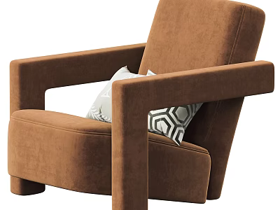 Modern Brown Upholstered Armchair With Wide Armrests And Geometric Pattern Cushions 3d model