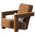 Modern Brown Upholstered Armchair With Wide Armrests And Geometric Pattern Cushions