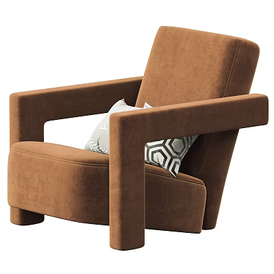 Modern Brown Upholstered Armchair With Wide Armrests And Geometric Pattern Cushions 3d model