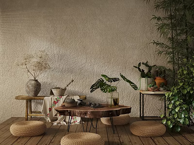Tranquil Tea Room Interior with Beige Textured Wall Bamboo Low Table and Woven Rattan Stools 3d model