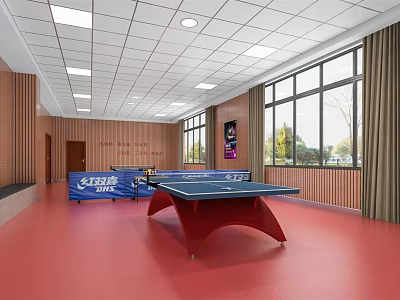Clubhouse Interior Featuring Blue Ping Pong Table Red Legs Red Flooring Wooden Walls Large Windows And Ceiling Lights 3d model