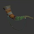 Wooden Horn Shaped Daily Life Accessory With Silver Metal Decorative Bands And Hanging Rope