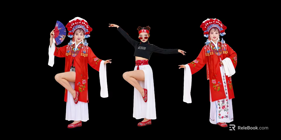 Group of People Dancing with Fans in Traditional Red Costumes and Modern Clothing 3d model 