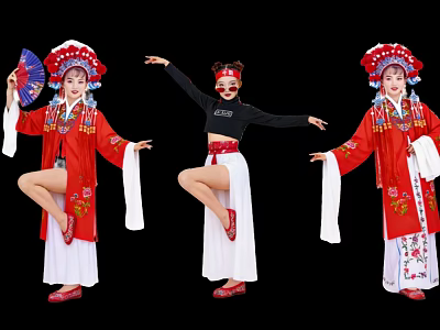 Group of People Dancing with Fans in Traditional Red Costumes and Modern Clothing 3d model