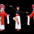 Group of People Dancing with Fans in Traditional Red Costumes and Modern Clothing