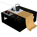 Elegant Coffee Table With Marble Top Black Frame Beige Runner And Tea Set On Tray 3d model