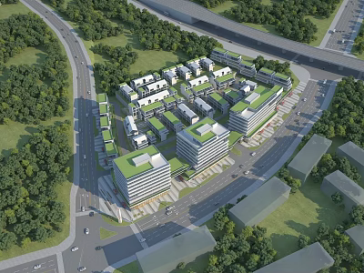 Modern Industrial Factory Complex With Green Roofs Surrounded by Trees and Roads 3d model