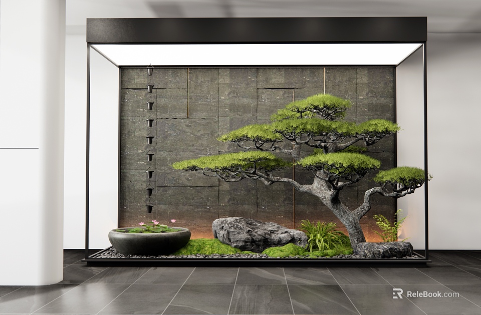 Modern Entryway Design With Waterfall Feature Wall Bonsai Pine Tree Rocks And Green Plants 3d model 