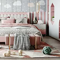 Cute Kids Room Interior With Pink Bed Cloud Wallpaper Chandelier And Toys