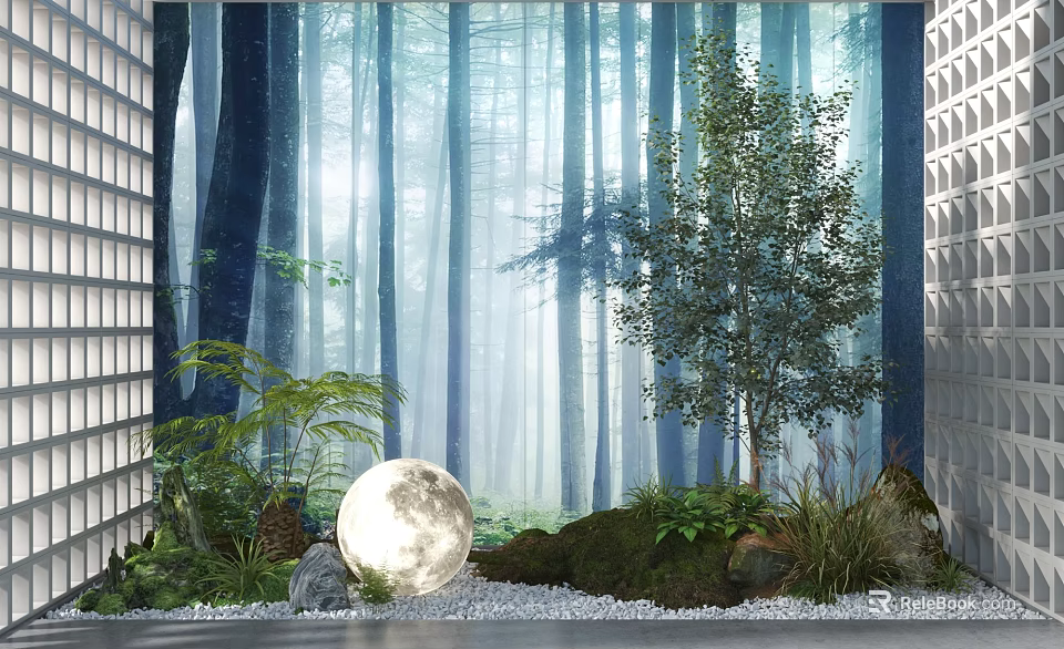 Enchanting Garden Decor With Forest Background Trees Plants Rocks Pebbles And Moon Ornament 3d model 