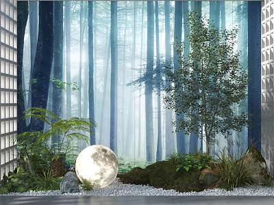 Enchanting Garden Decor With Forest Background Trees Plants Rocks Pebbles And Moon Ornament 3d model