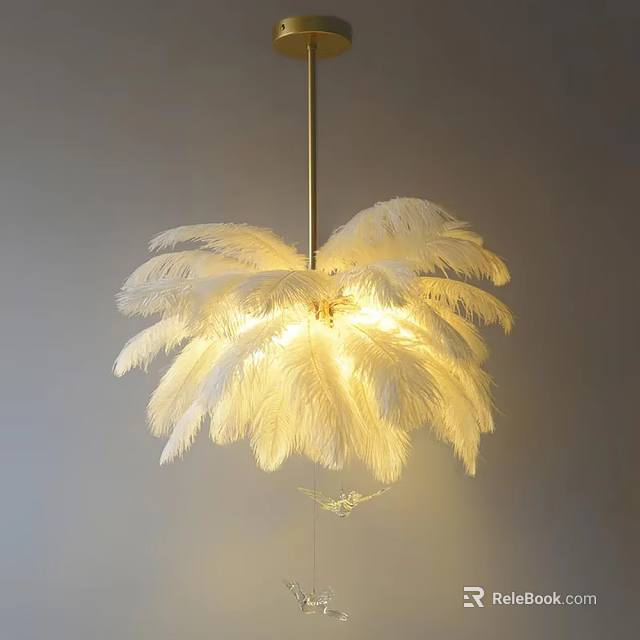 Elegant White Ostrich Feather Chandelier Hanging From Gold Metal Rod With Warm Light 3d model 