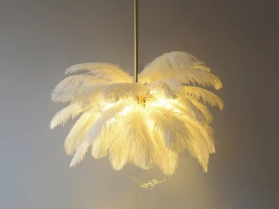 Elegant White Ostrich Feather Chandelier Hanging From Gold Metal Rod With Warm Light 3d model